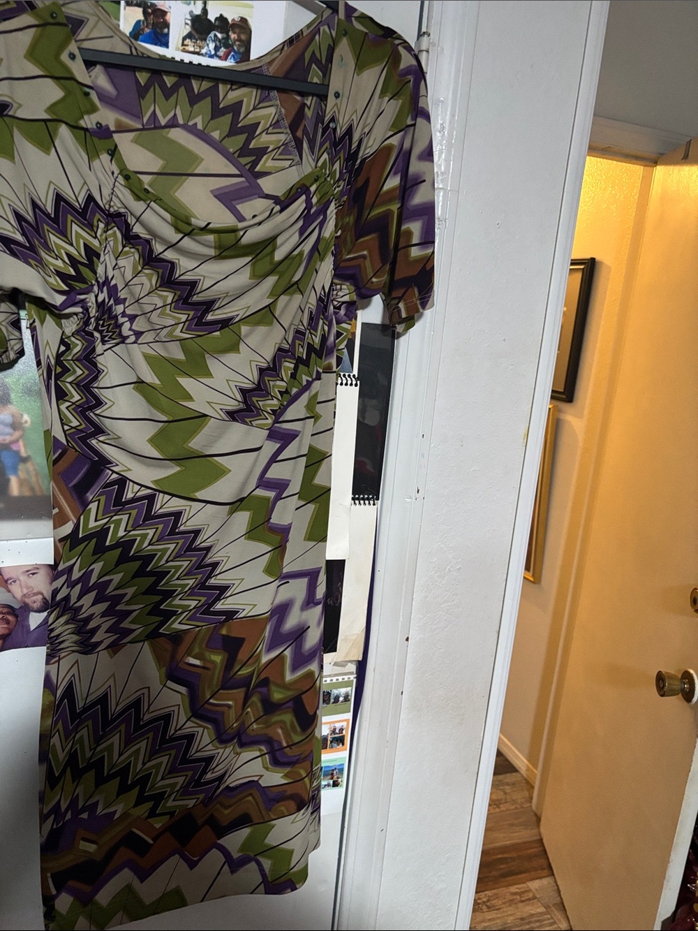 Short-Sleeve Geometric Print Shirt Dress in Olive Green, Purple, Cream- P2P:16